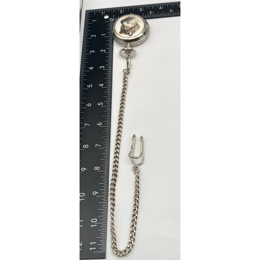 Westminster Quartz Wolf Pocket Watch Full Hunter - New Battery - Chain and Clip - Picture 9 of 11